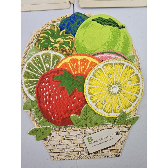 Drink Coaster Set Fruit Design Stotter Basket Storage & Box MCM VTG - Picture 2 of 11